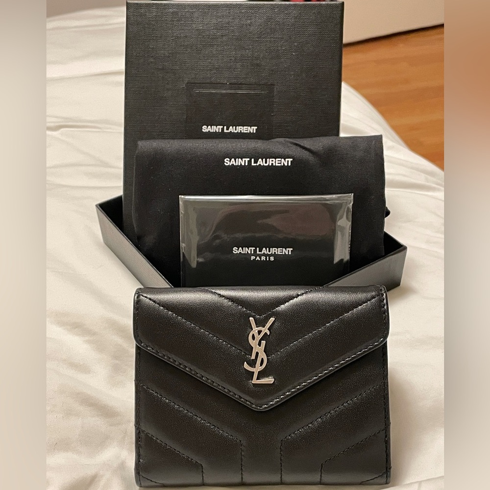 YSL Saint Laurent Small Black Quilted Leather Wallet with Small Silver Logo